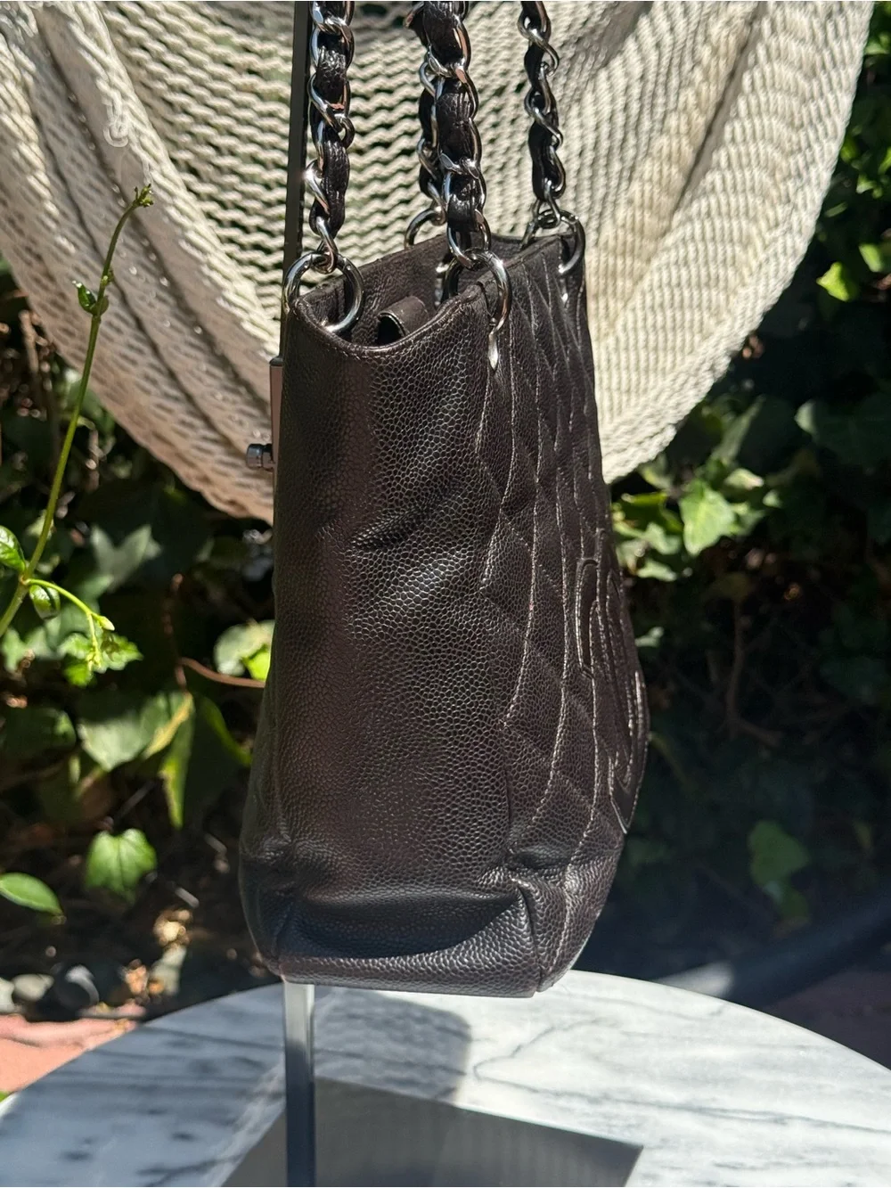 Chanel Vintage Espresso Brown Caviar Leather Quilted Petite Shopping Tote W/ CC